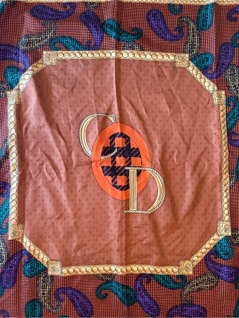Dior Brown Orange Purple Teal Paisley Logo Silk Scarf